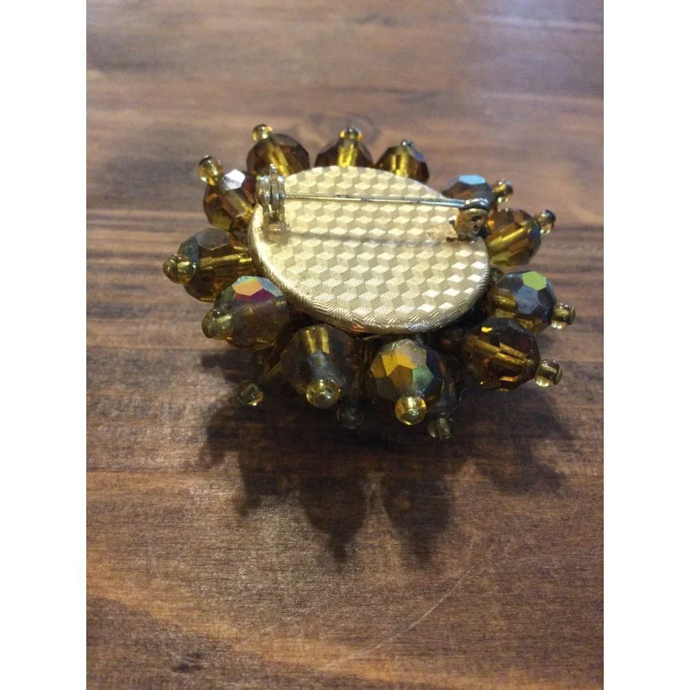 Vintage Mid Century Iridescent Copper Crystal Bead Cluster Brooch Old Money